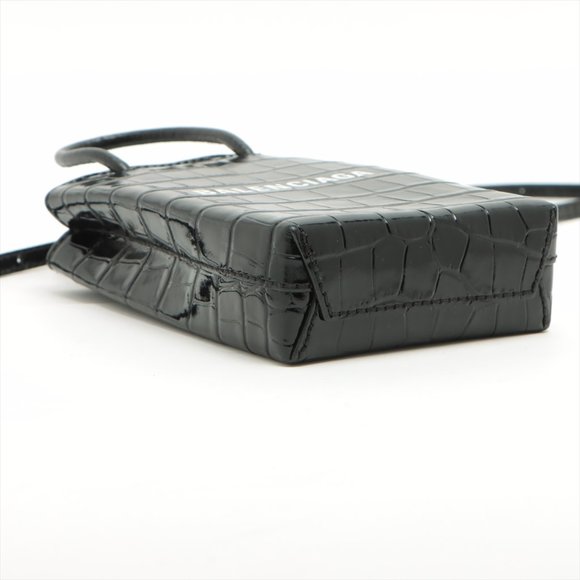 Balenciaga Shopping Phone Holder Croc-Embossed Crossbody Black - Picture 3 of 12